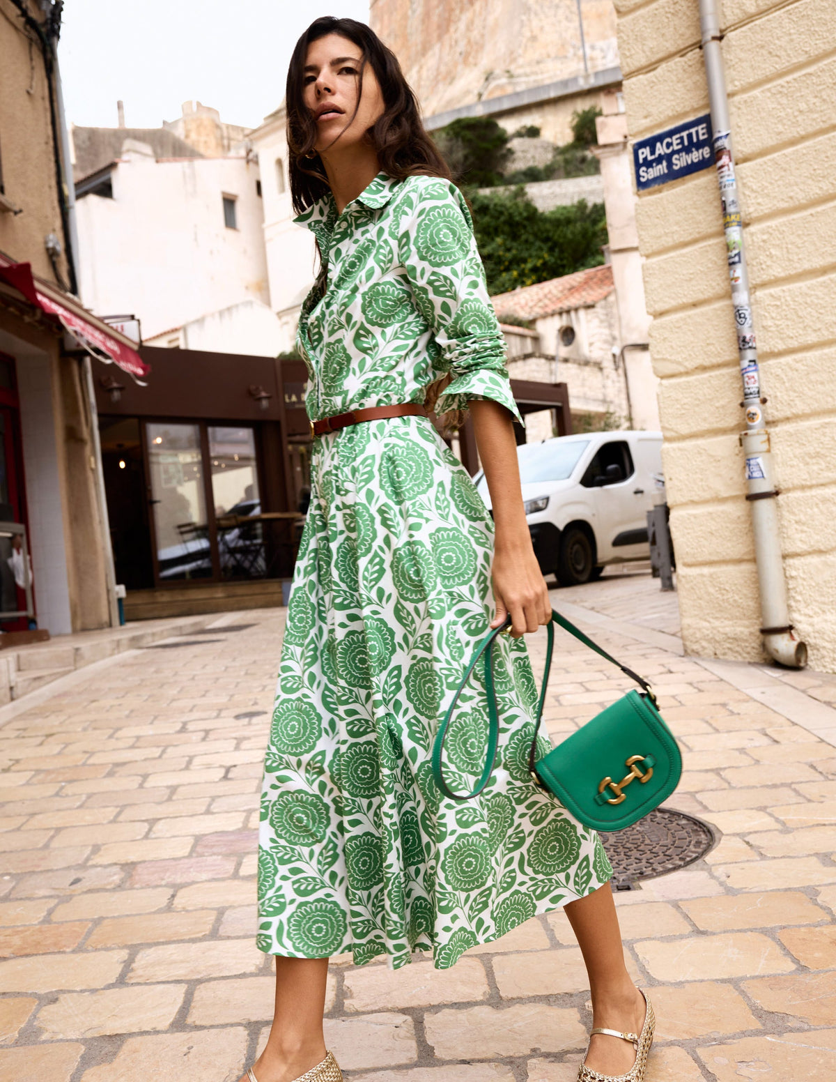 Amy Cotton Midi Shirt Dress-Paradise Green, Dahlia Stamp - Image 2