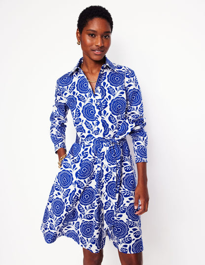 Amy Cotton Short Shirt Dress-Bright Blue, Dahlia Stamp