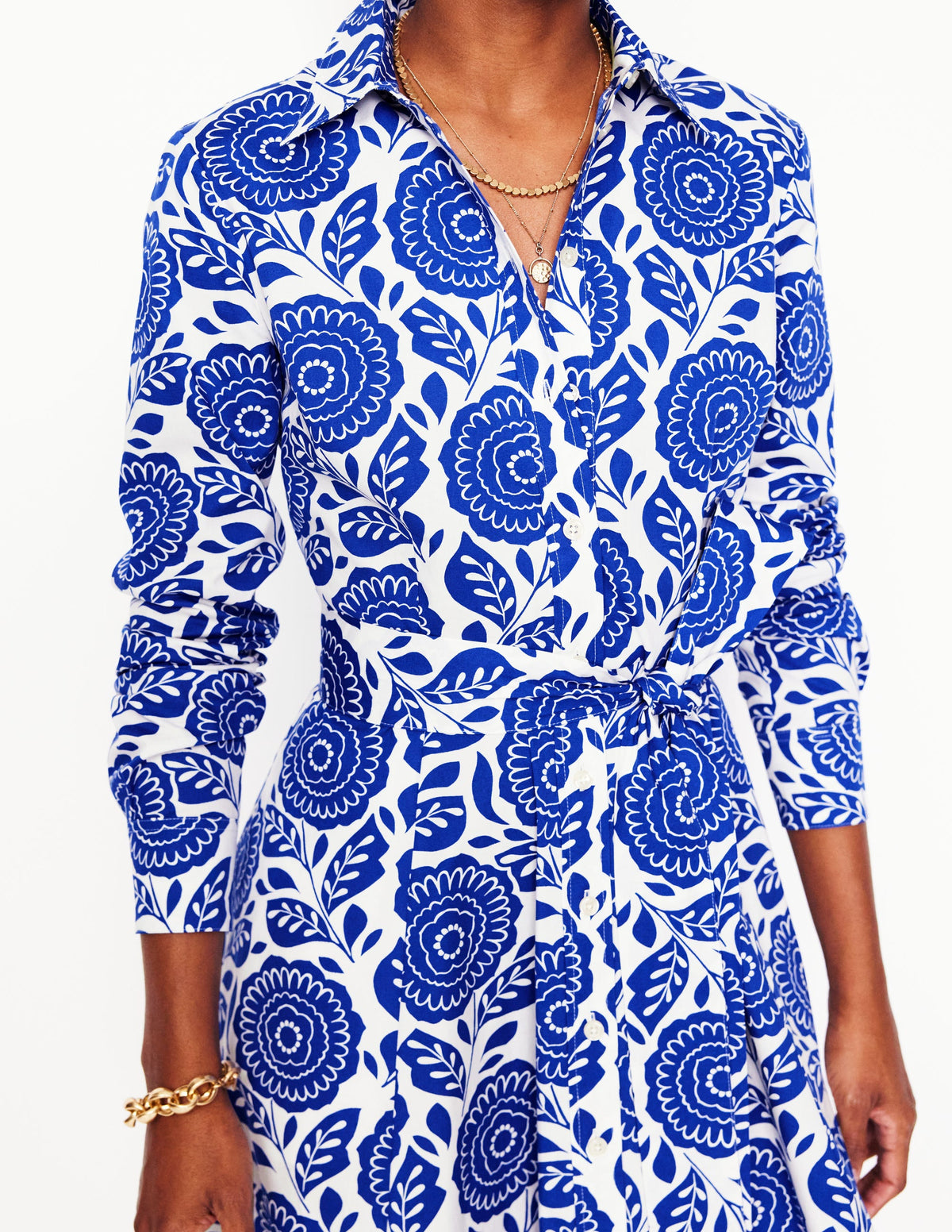 Amy Cotton Short Shirt Dress-Bright Blue, Dahlia Stamp - Image 2