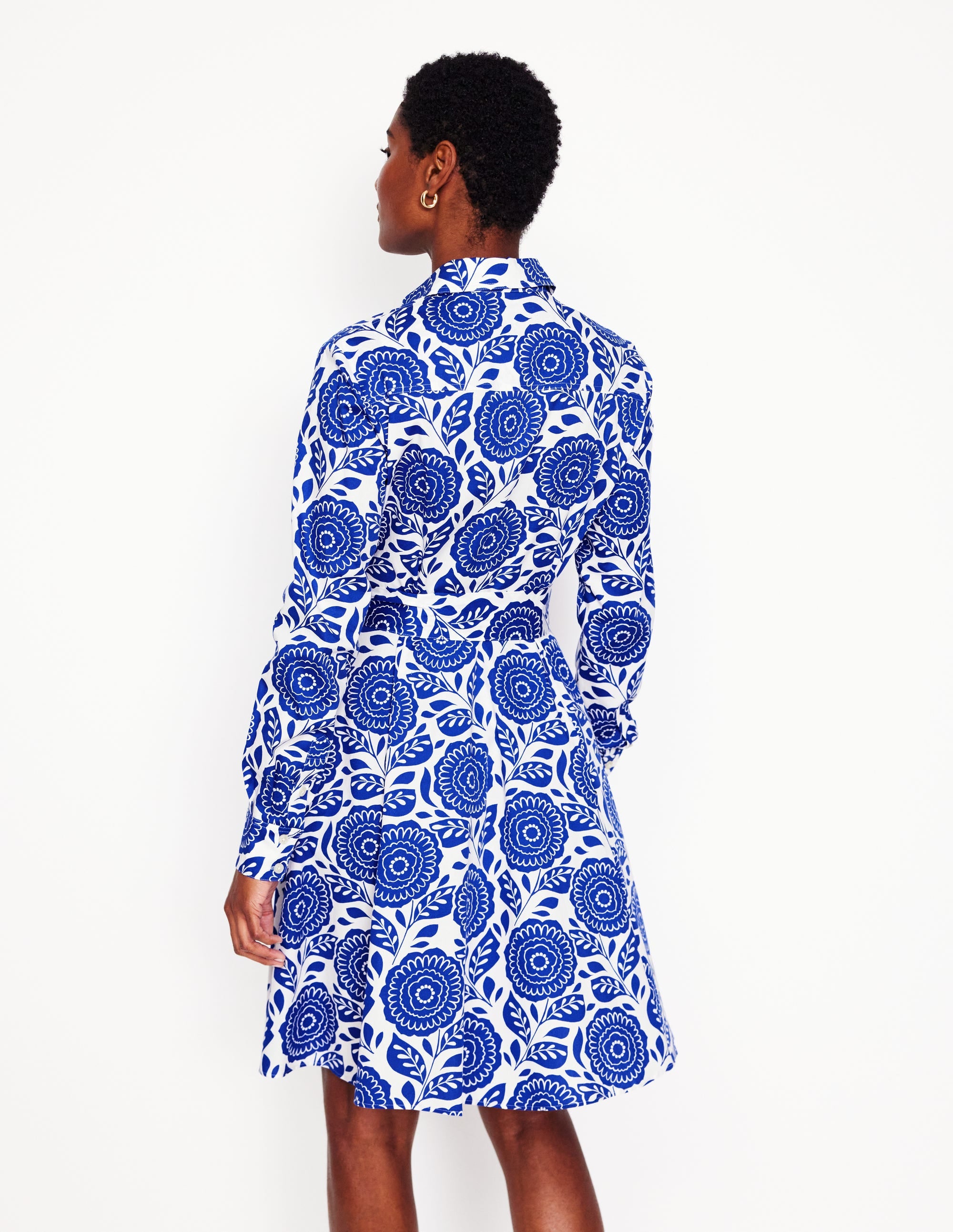 Amy Cotton Short Shirt Dress-Bright Blue, Dahlia Stamp - Image 3