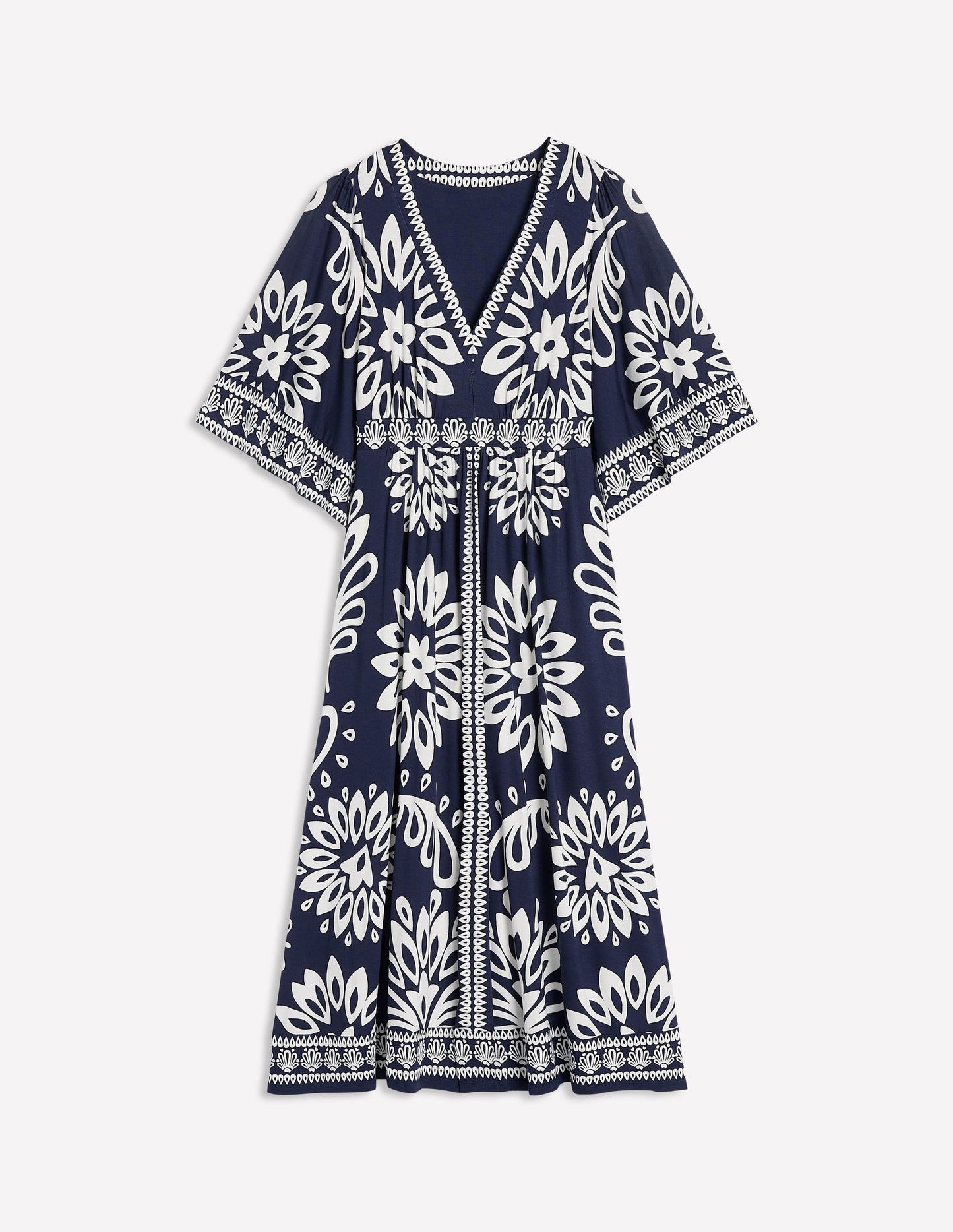 Maya Kimono Jersey Maxi Dress-French Navy, Palm Foliage