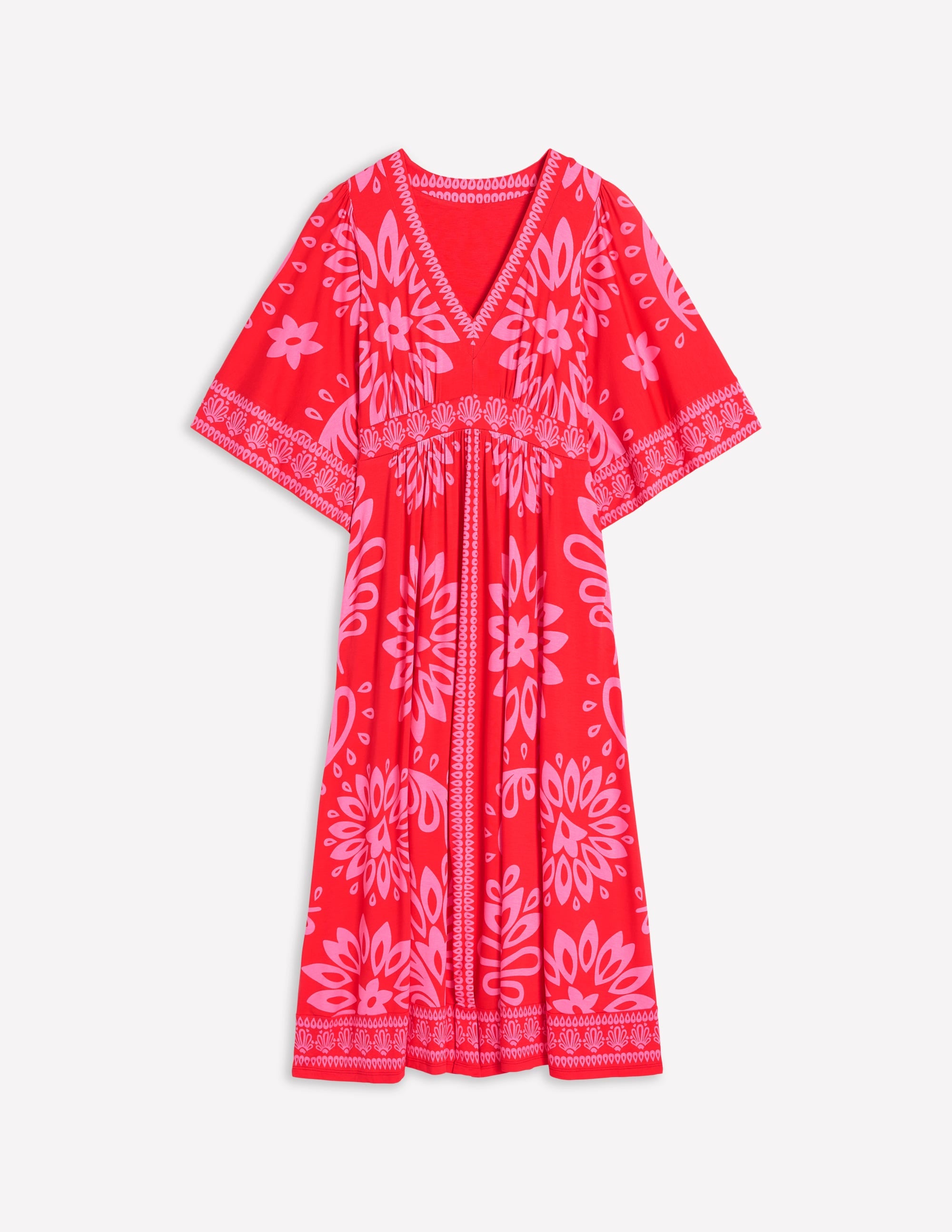Maya Kimono Jersey Maxi Dress-Strawberry Red, Palm Foliage - Image 5
