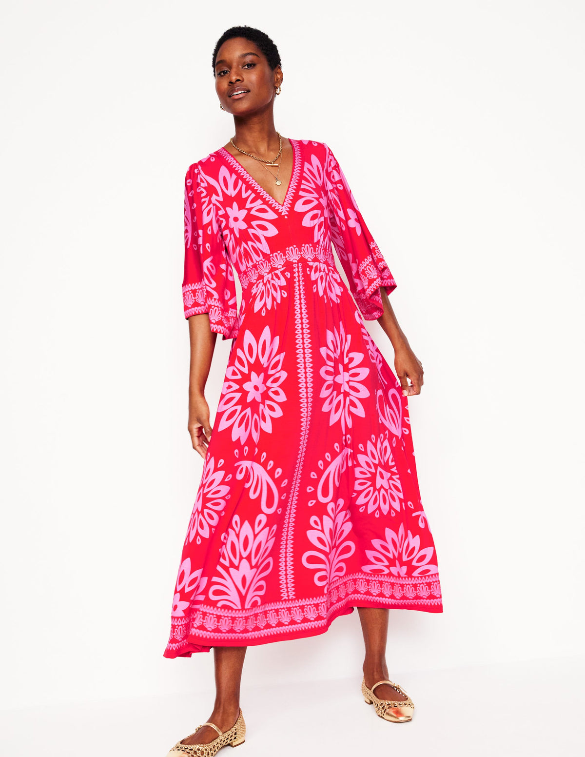 Maya Kimono Jersey Maxi Dress-Strawberry Red, Palm Foliage - Image 1