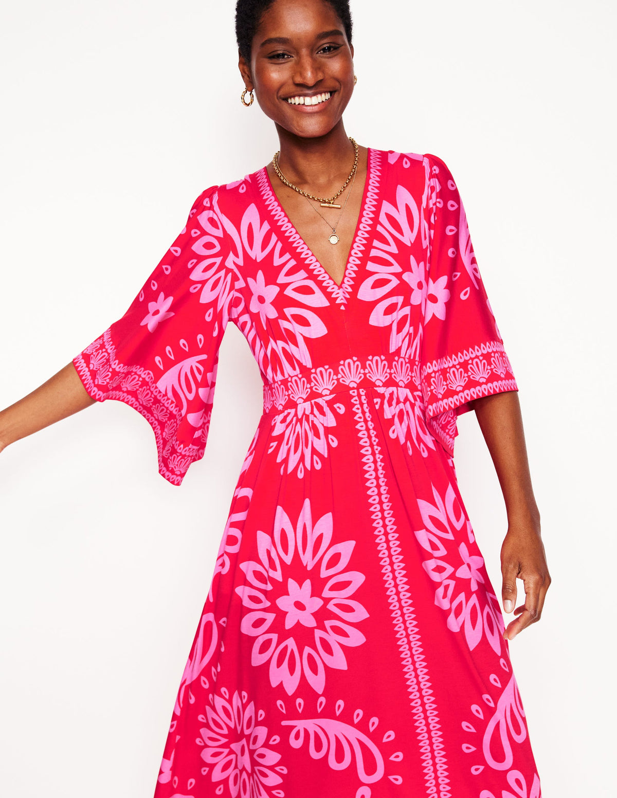 Maya Kimono Jersey Maxi Dress-Strawberry Red, Palm Foliage - Image 2