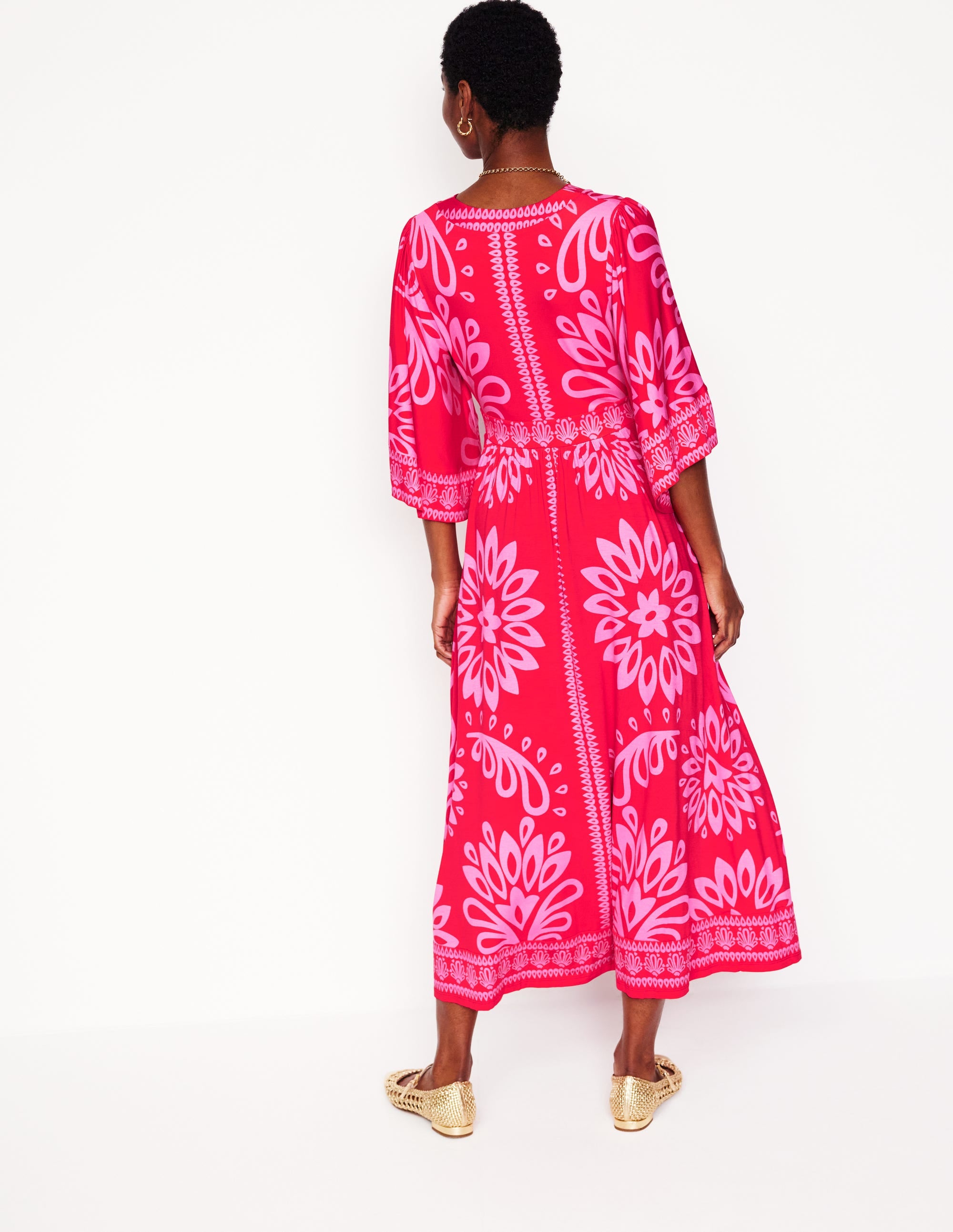 Maya Kimono Jersey Maxi Dress-Strawberry Red, Palm Foliage - Image 3