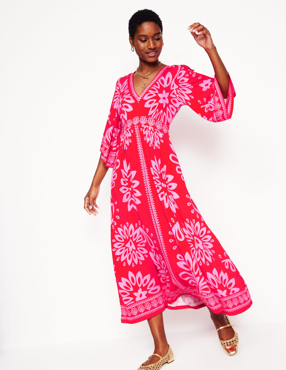 Maya Kimono Jersey Maxi Dress-Strawberry Red, Palm Foliage - Image 4