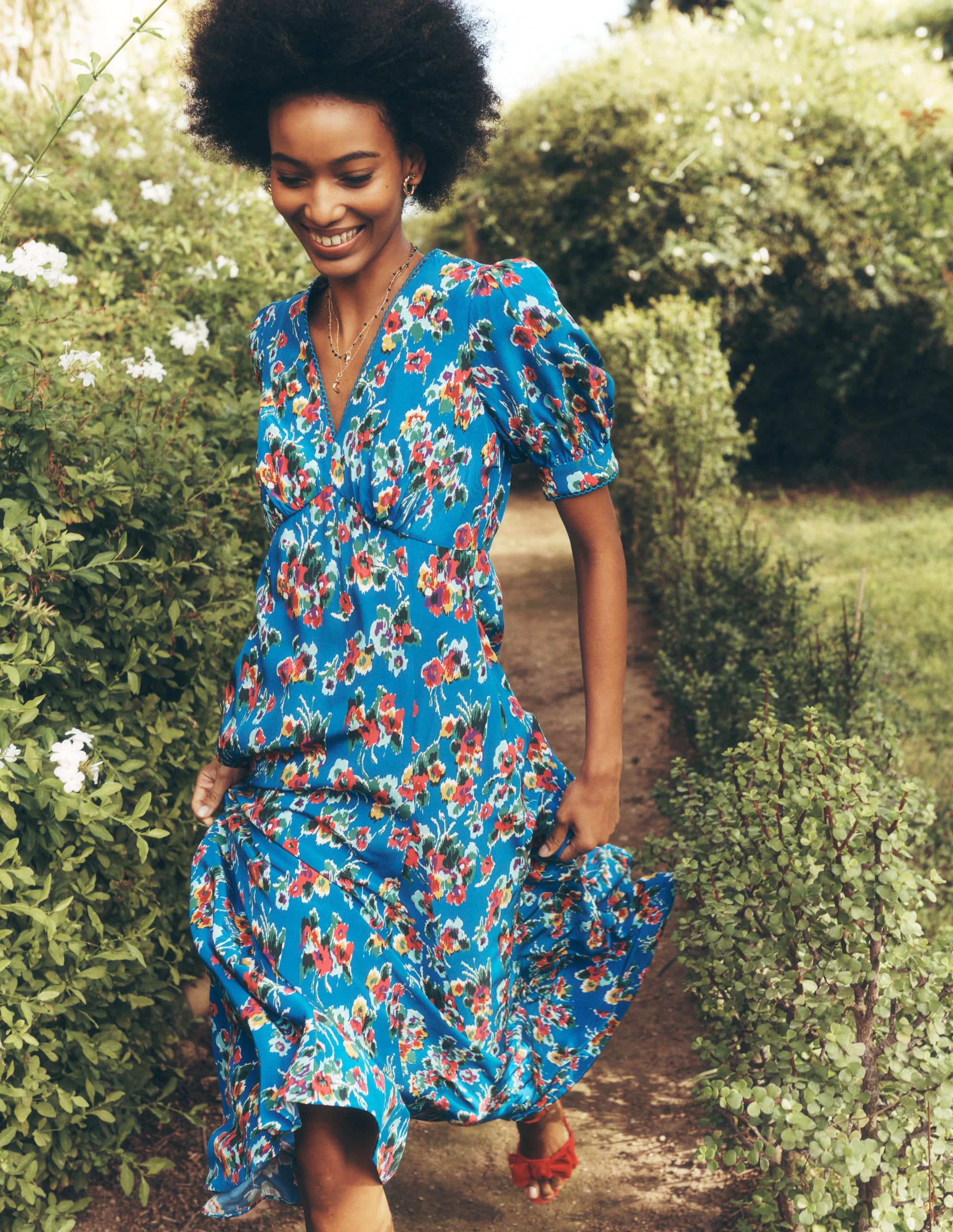 Rosie Godet Tea Dress-Gallery Blue, Abstract Posy - Image 5
