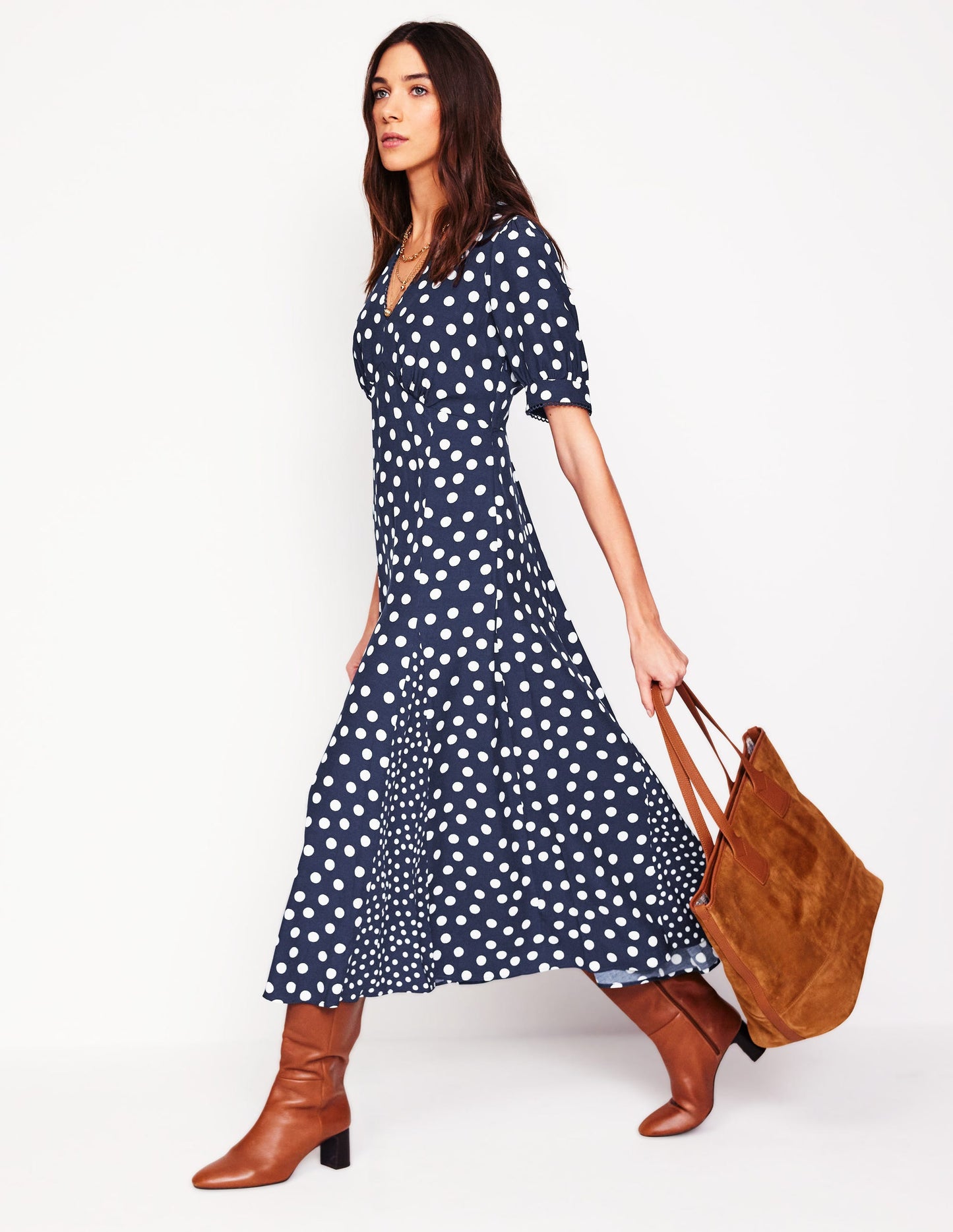 Rosie Godet Tea Dress-French Navy, Abstract Dot