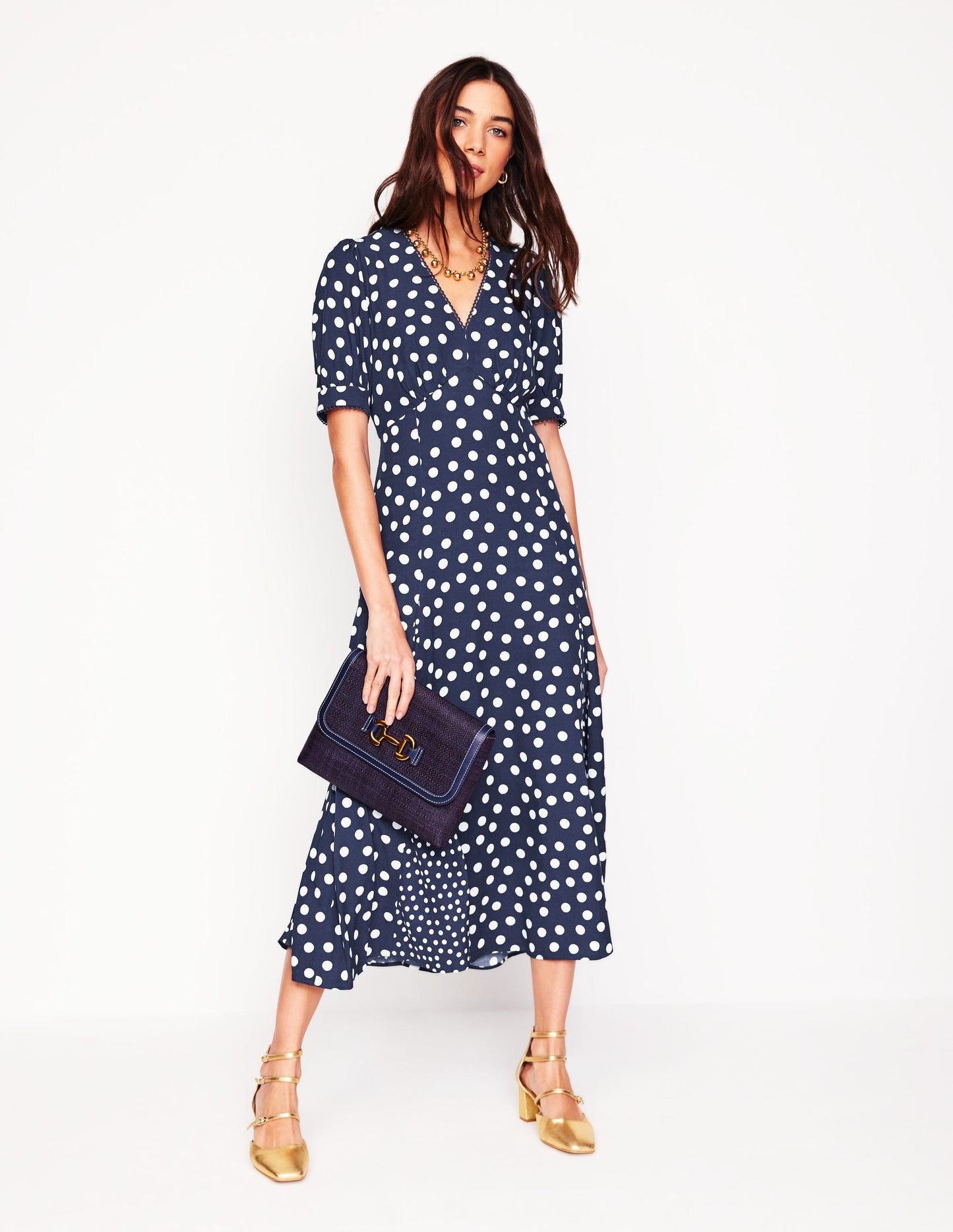 Rosie Godet Tea Dress-French Navy, Abstract Dot