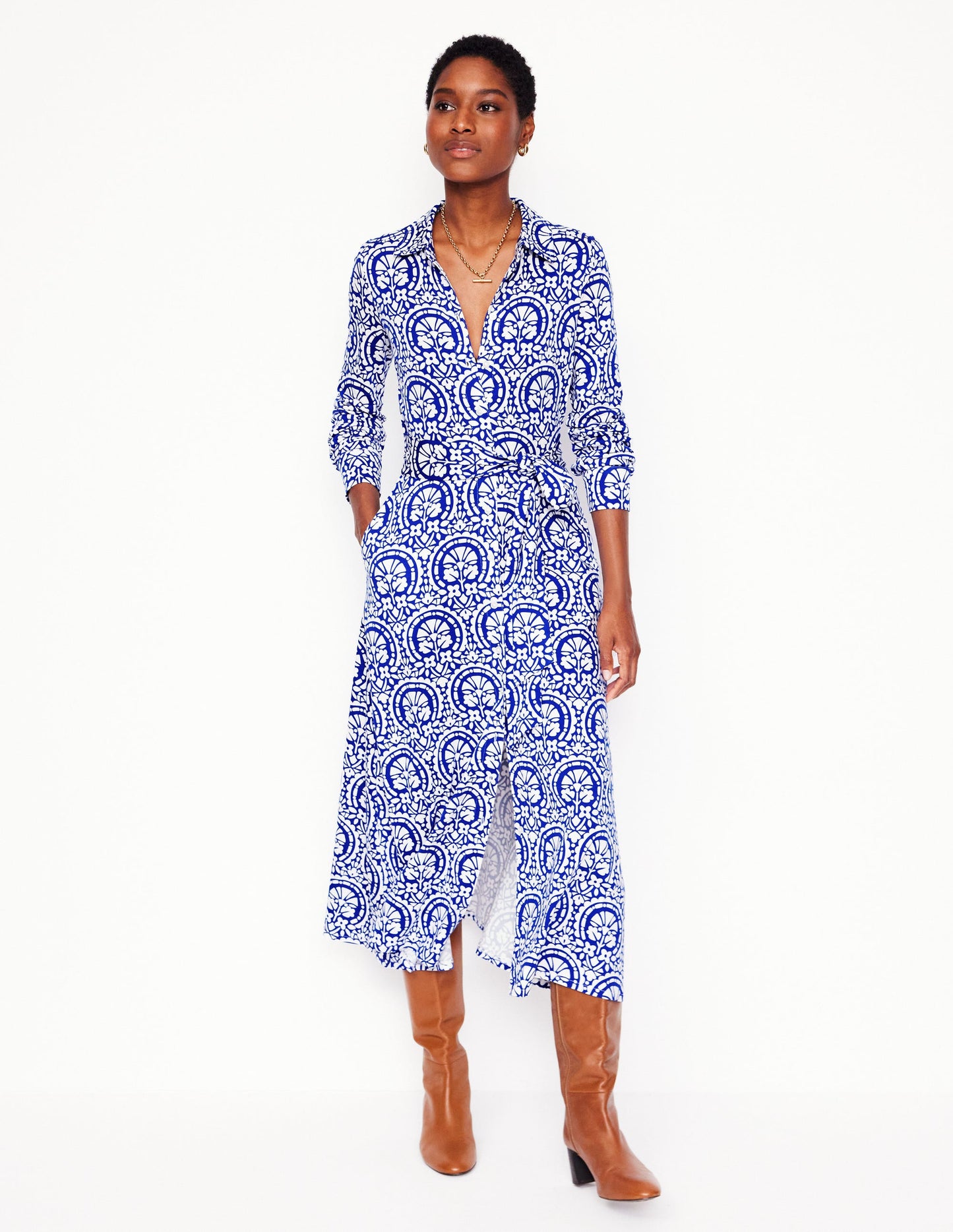 Marcia Jersey Midi Shirt Dress-Bright Blue, Elaborate Stamp