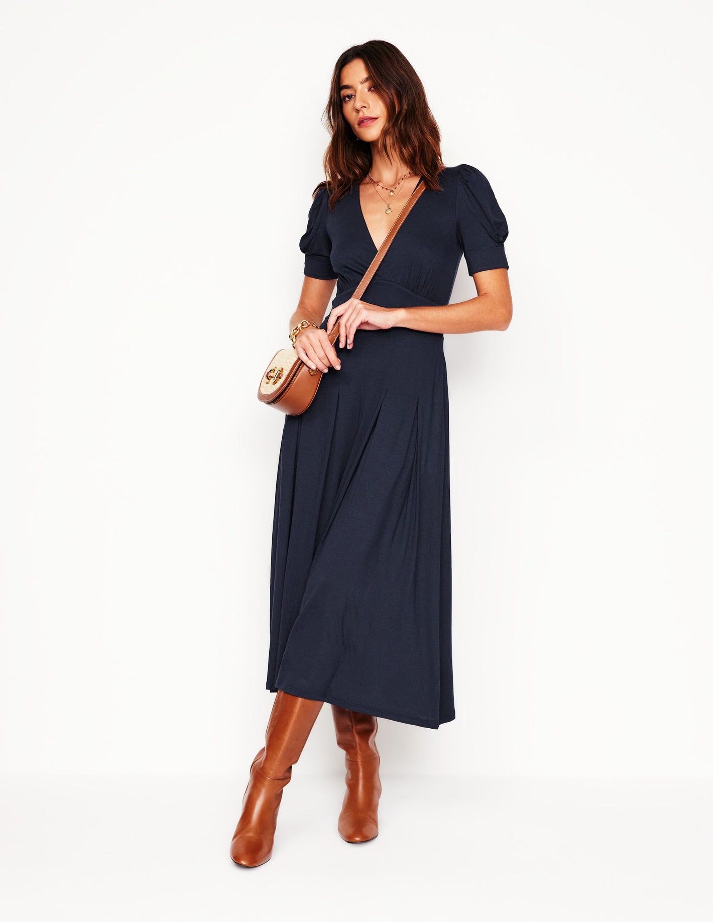 Kristen Pleated Jersey Dress-Navy