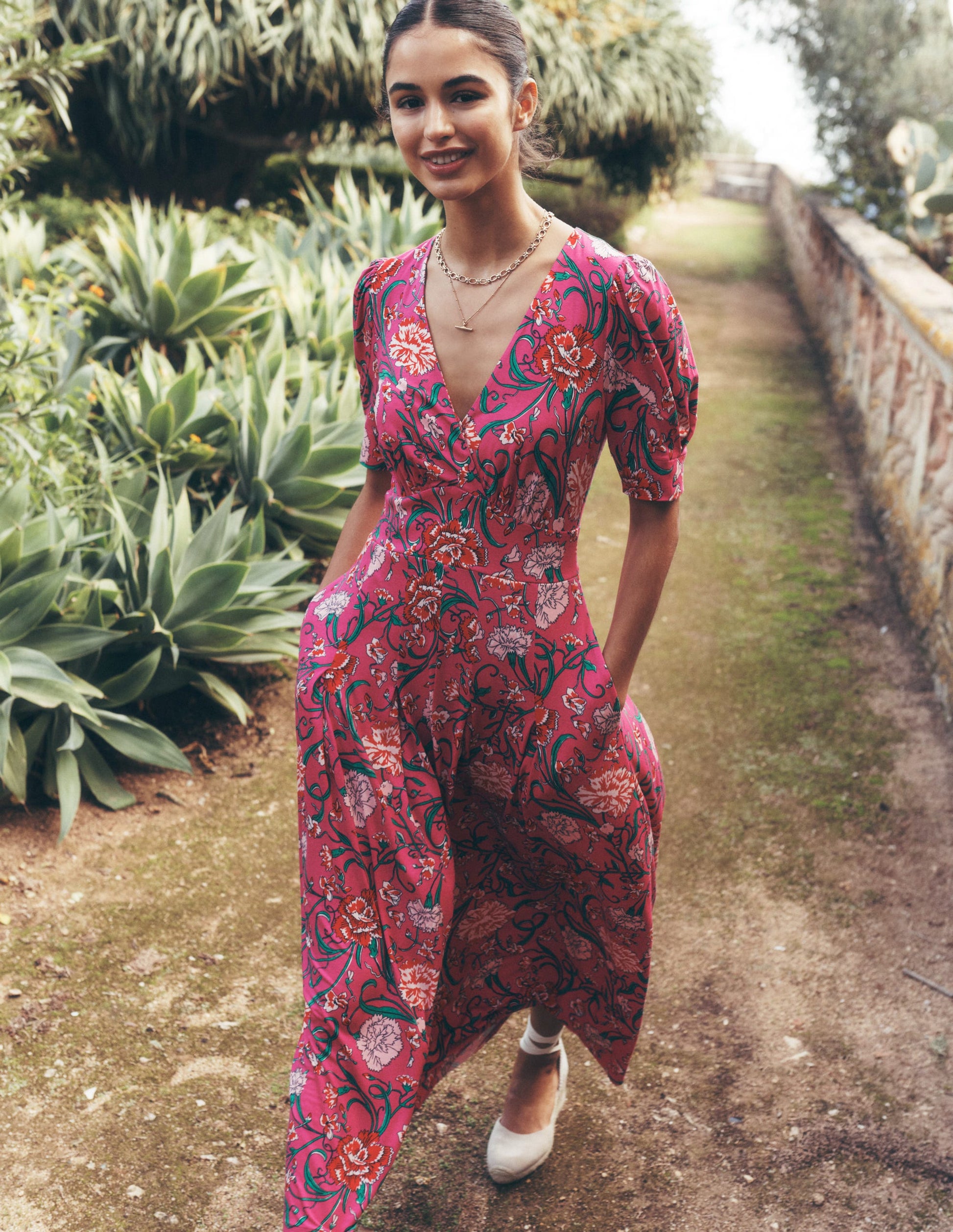 Kristen Pleated Jersey Dress-Pink Yarrow, Carnation Vine | Boden USA Kristen Pleated Jersey Dress-Pink Yarrow, Carnation Vine | Boden USA