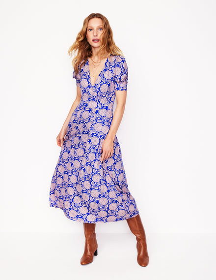 Kristen Pleated Jersey Dress-Chintz Rose, Dahlia Stamp