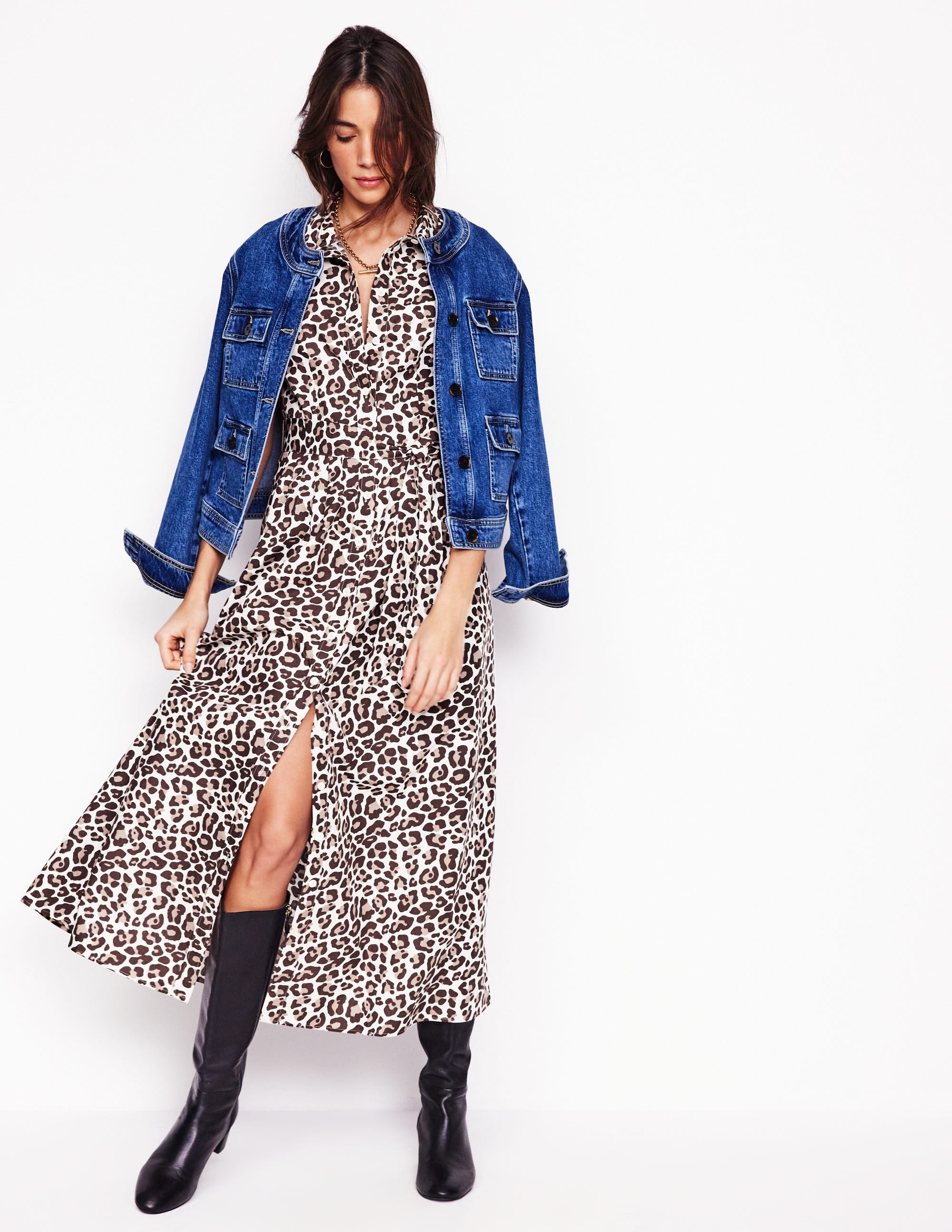 Alexa Maxi Shirt Dress-Sandpiper Beige, Cheetah Pop - Image 4