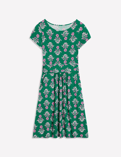 Amelie Jersey Dress-Forest Grass, Pansy Stamp