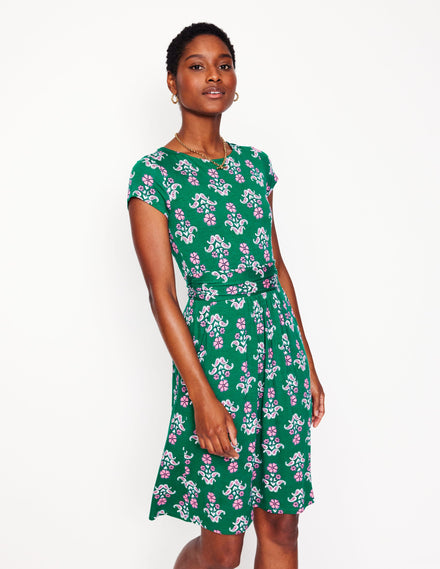 Amelie Jersey Dress-Forest Grass, Pansy Stamp