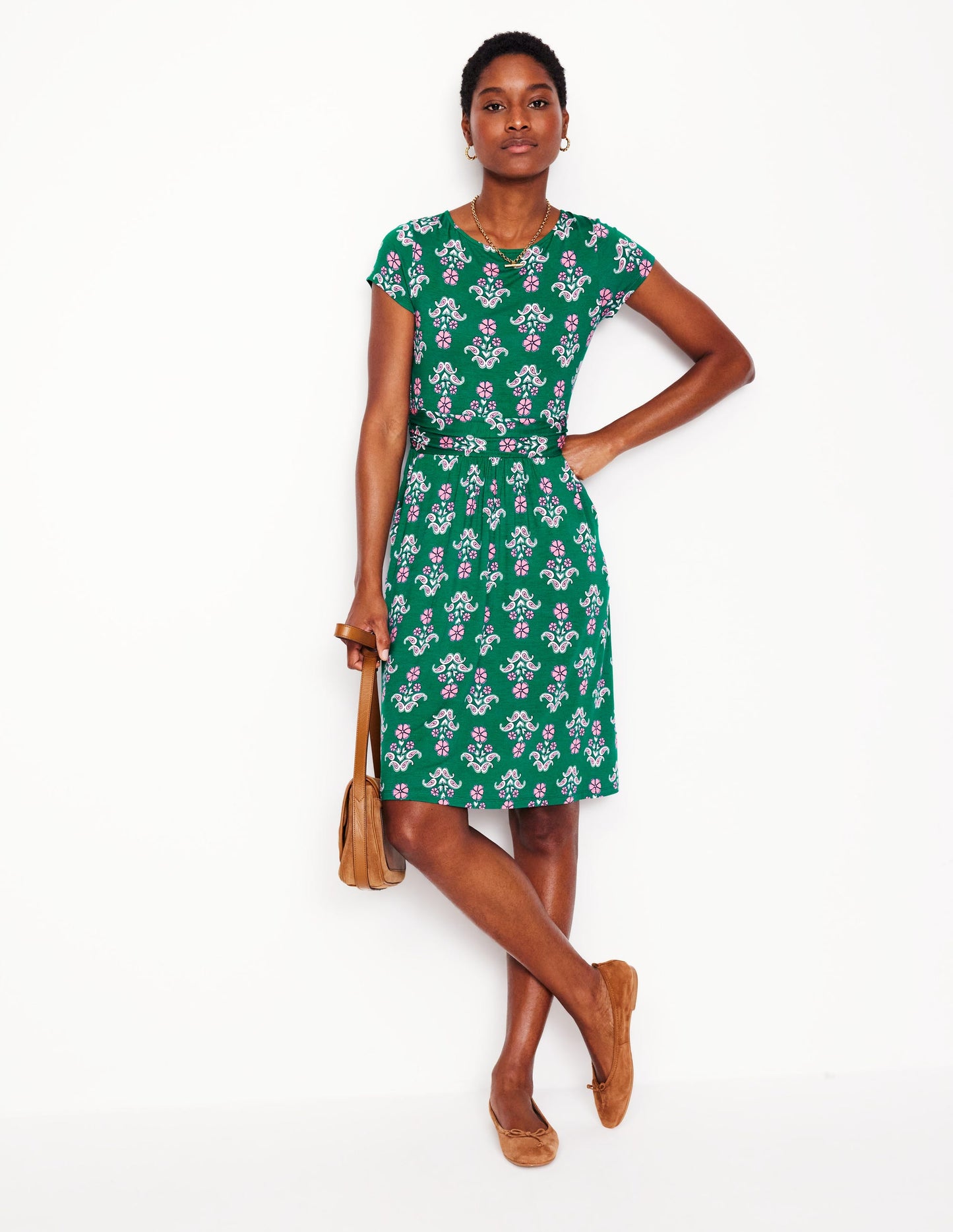 Amelie Jersey Dress-Forest Grass, Pansy Stamp