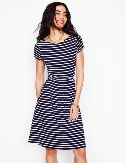 Amelie Jersey Dress-Navy, Ivory Stripe