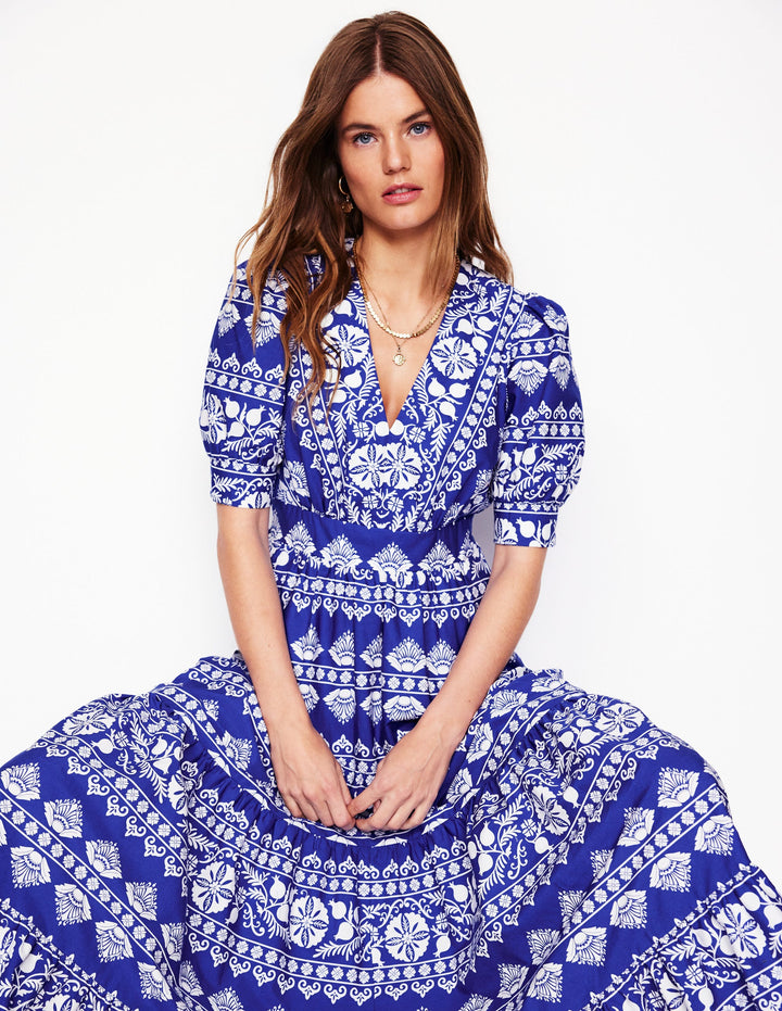 Bella Puff Sleeve Maxi Dress-Bright Blue, Ornate Border