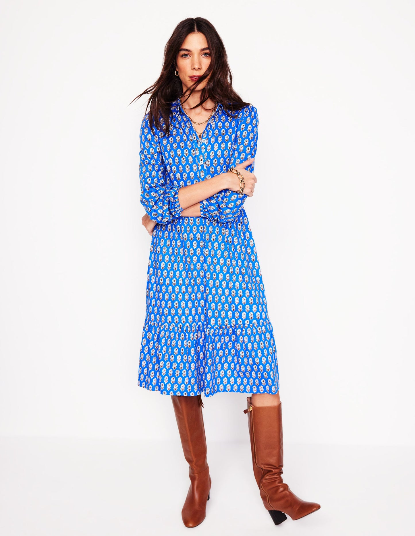 Jemima Tiered Jersey Dress-Gallery Blue, Camellia Stamp