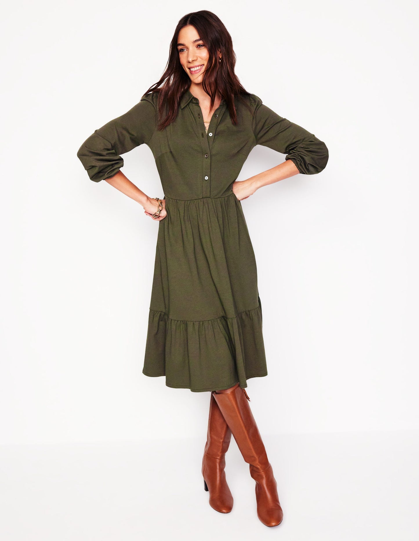 Jemima Tiered Jersey Dress-Classic Khaki