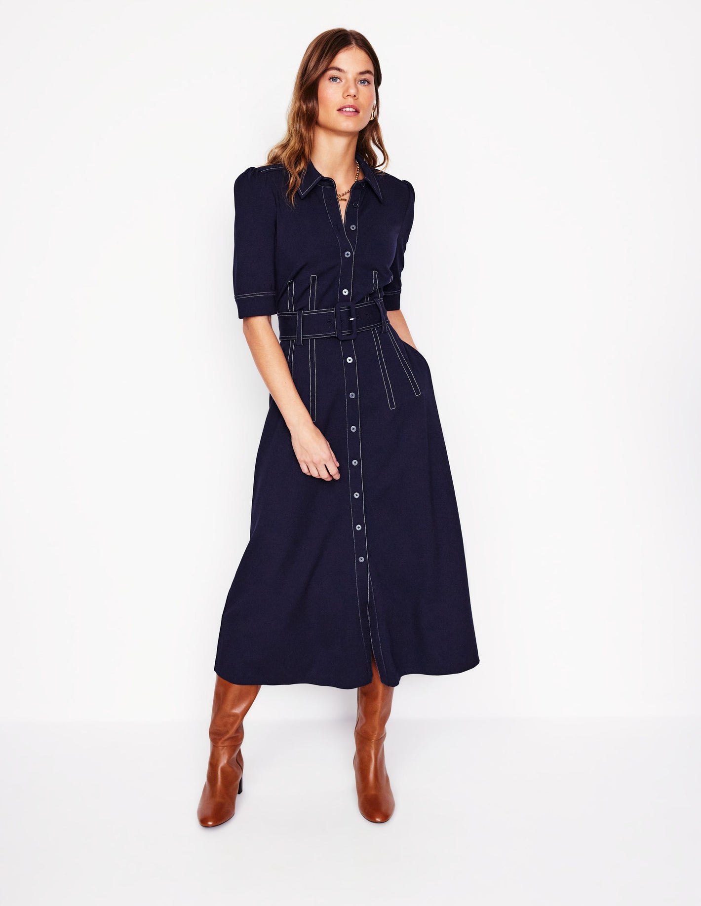 Belted Ponte Shirt Dress-Navy