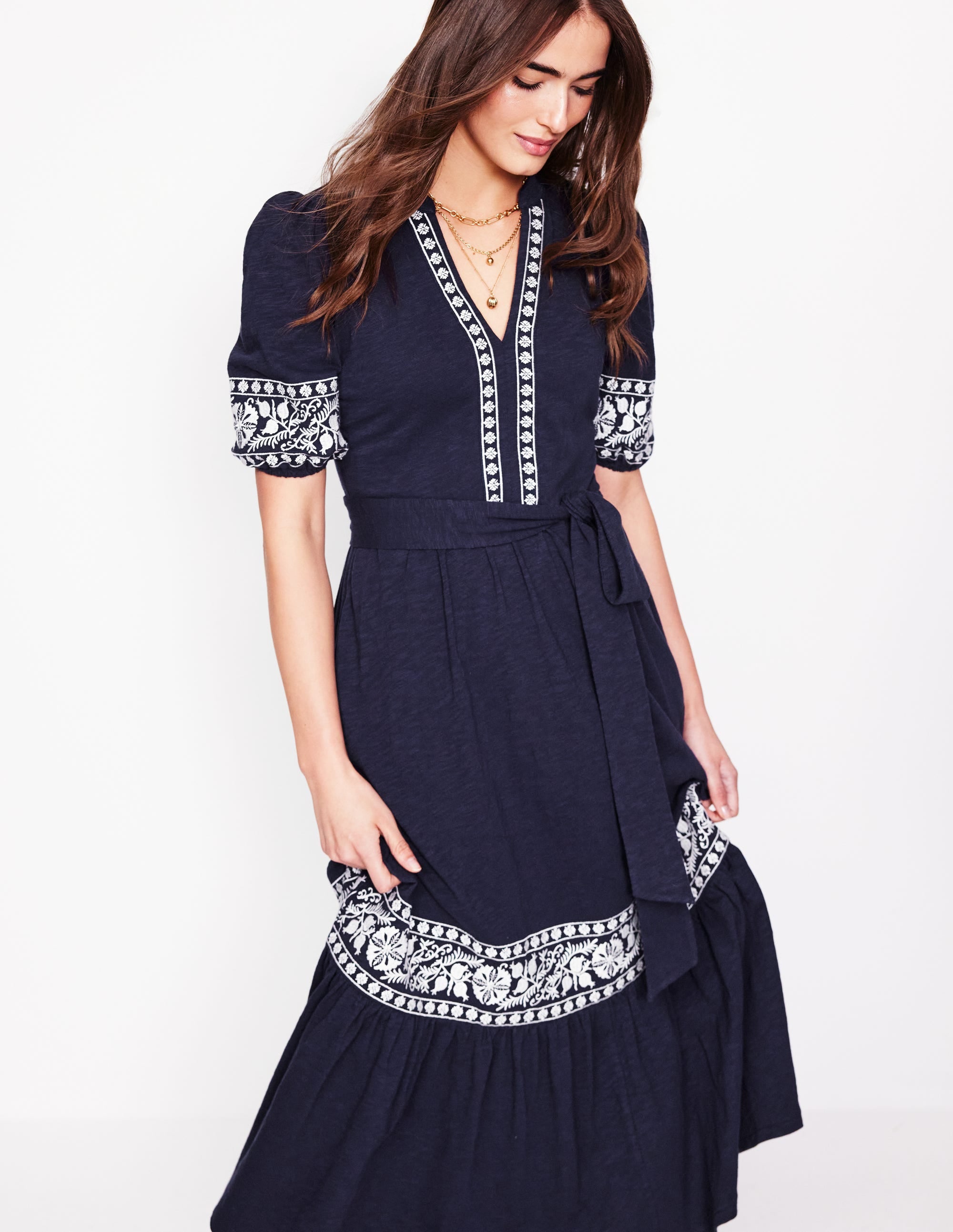 Amara Embroidered Jersey Dress-Navy Embroidery - Image 1