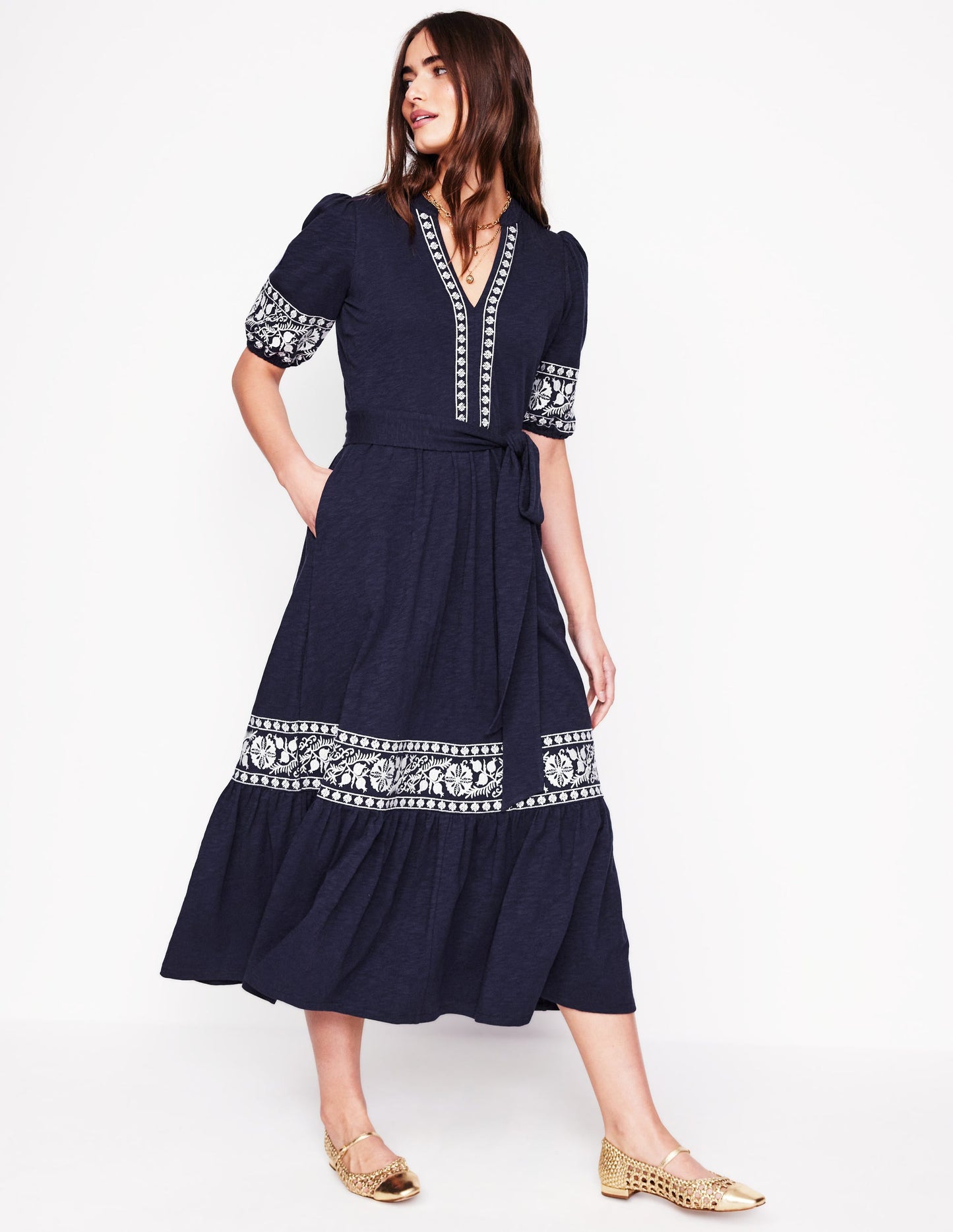 Amara Embroidered Jersey Dress-Navy Embroidery