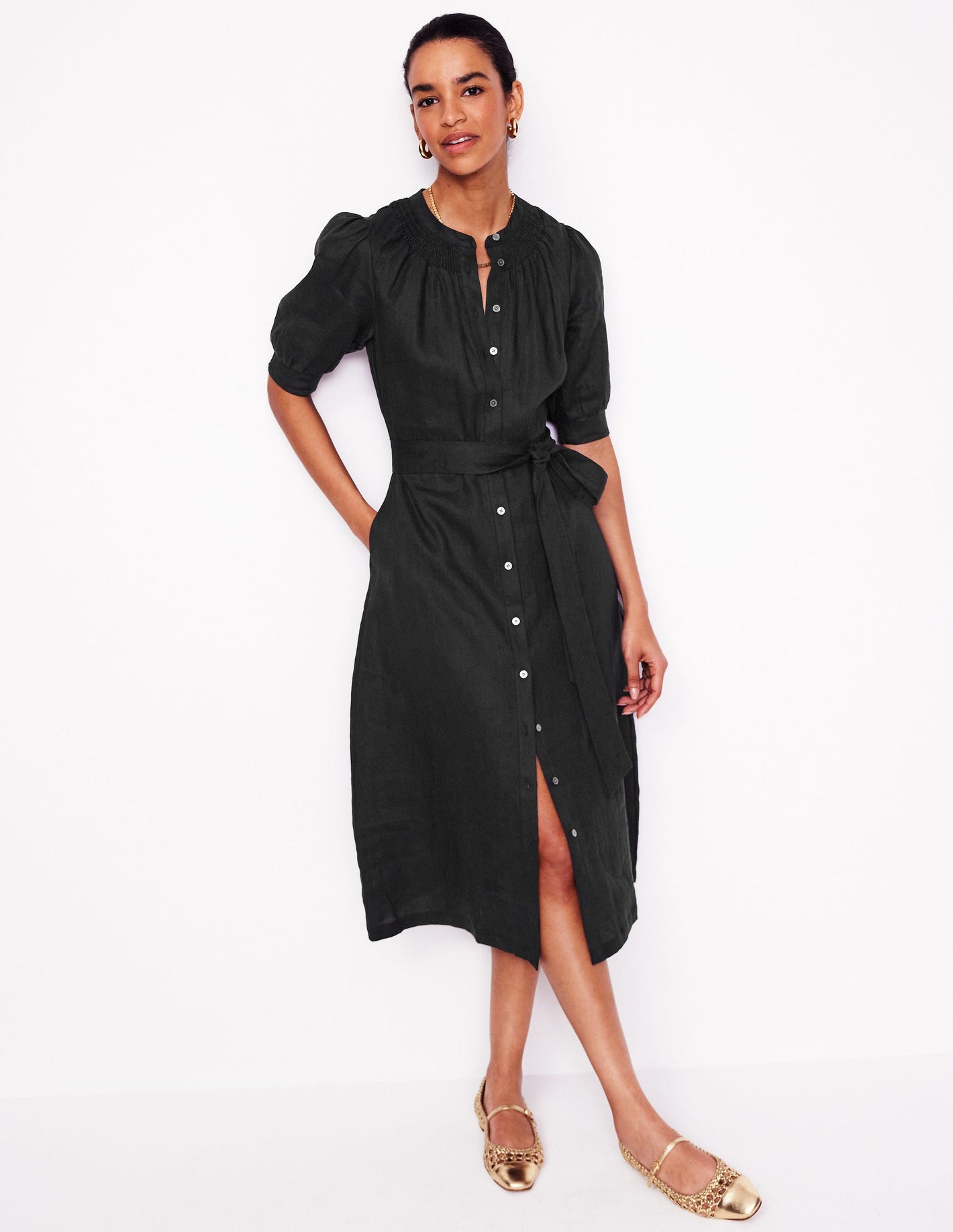 Ada Linen Midi Dress-Black