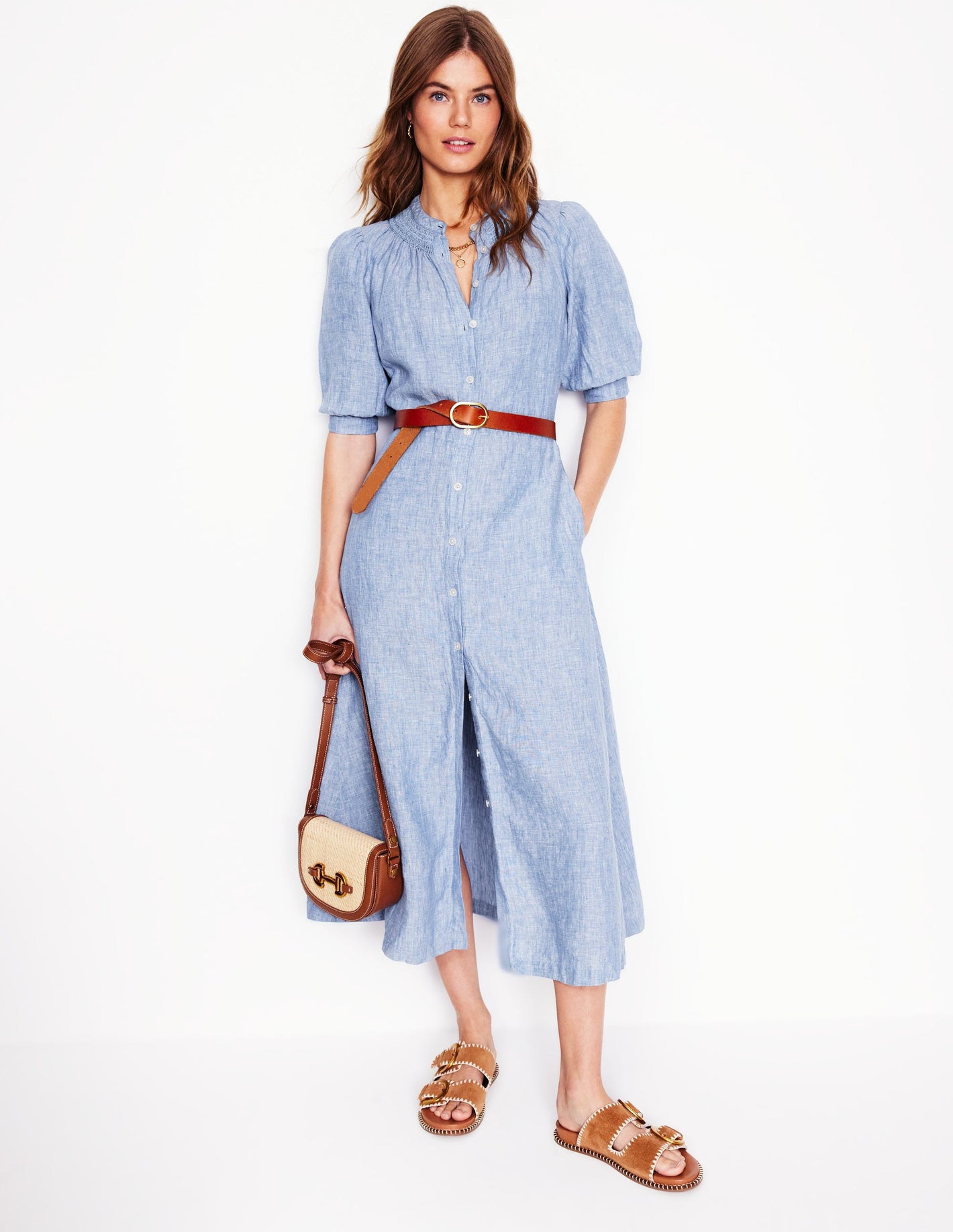 Ada Linen Midi Dress-Grey Blue Chambray