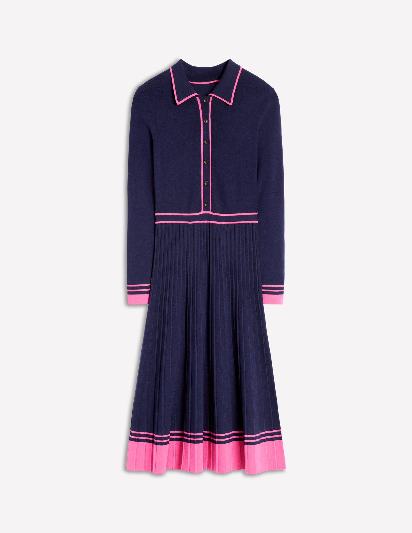 Collared Pleated Knitted Dress-Navy/Pink Colourblock