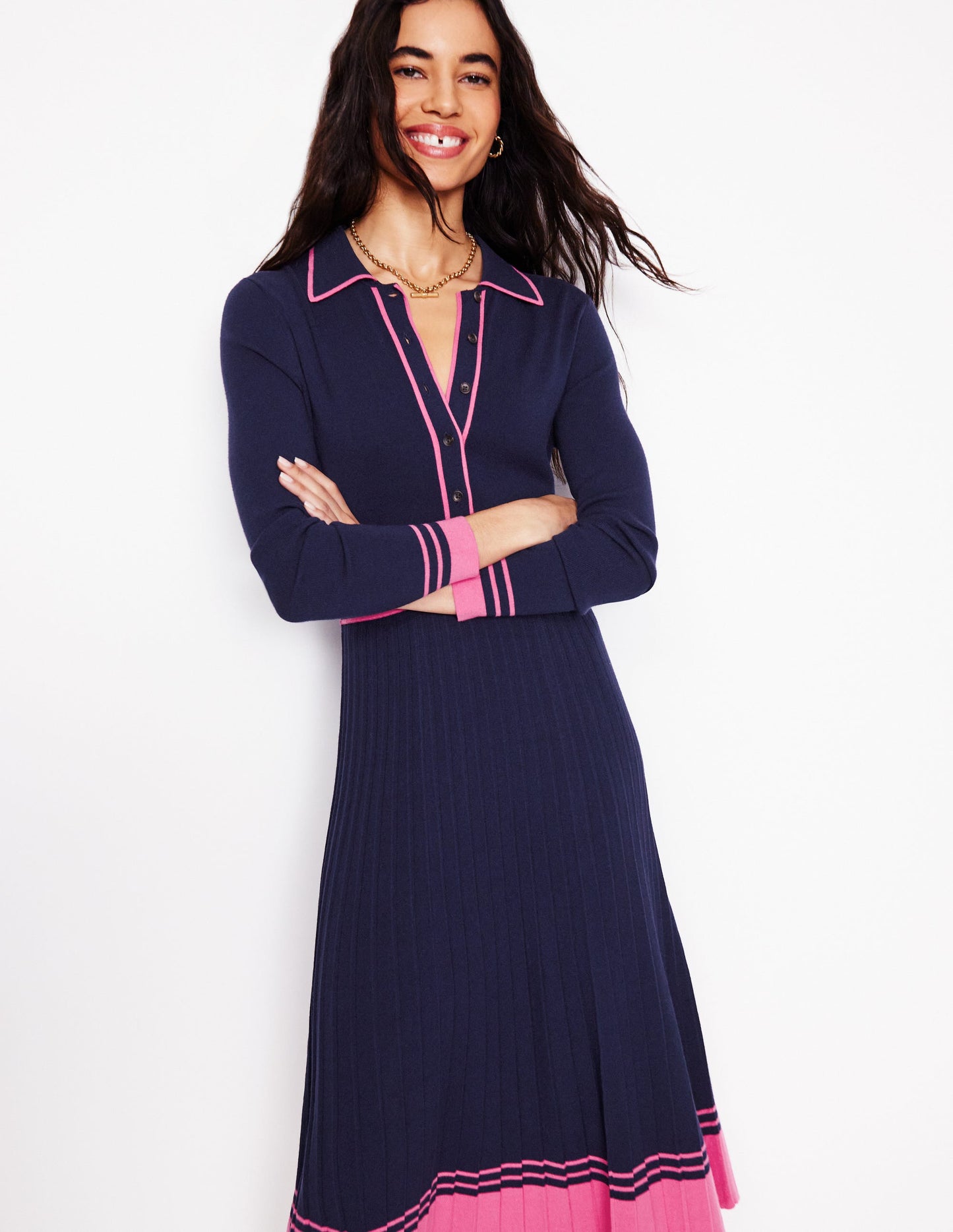 Collared Pleated Knitted Dress-Navy/Pink Colourblock