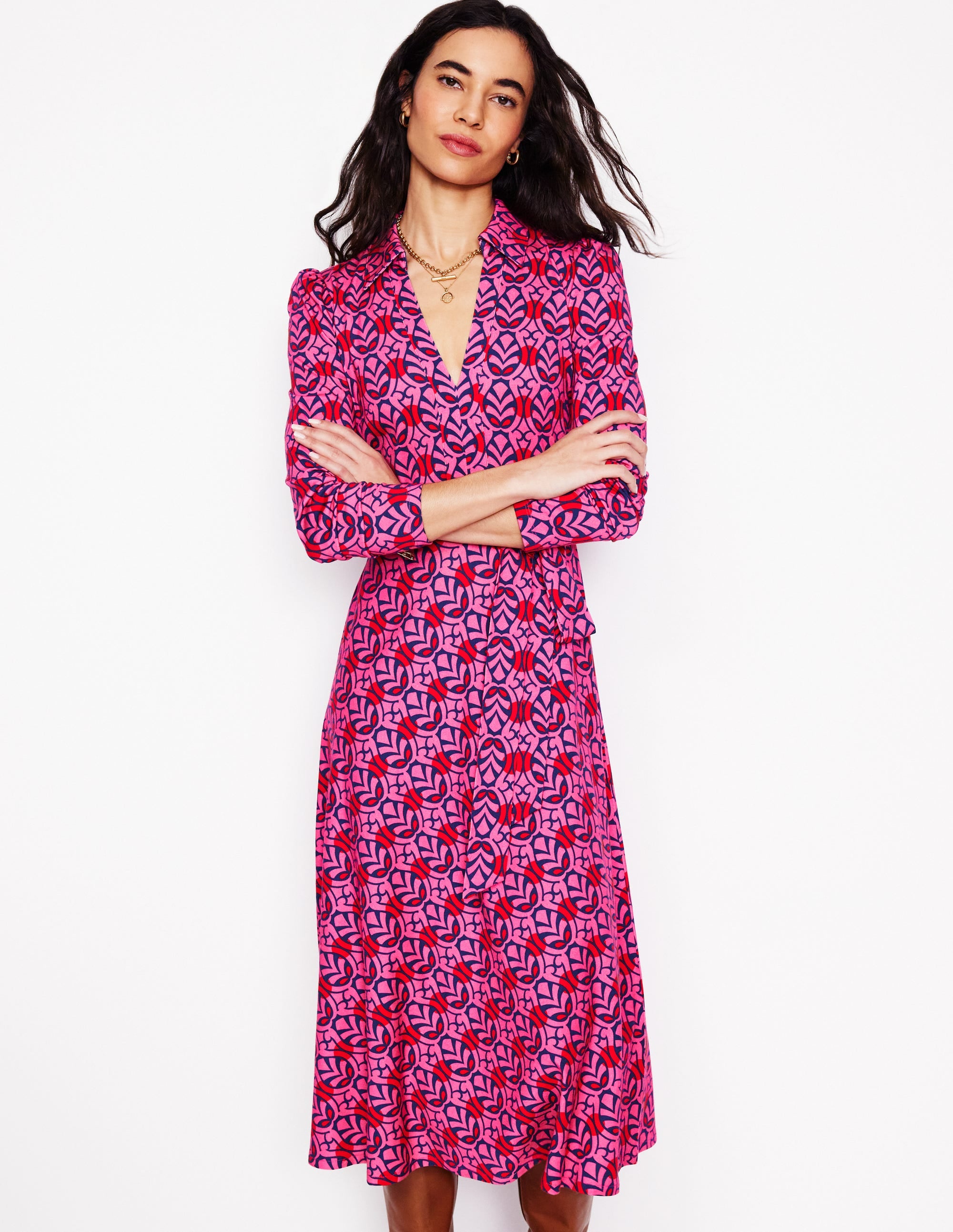 Imogen Collared Jersey Dress-Sorbet Pink, Leaf Terrace - Image 1