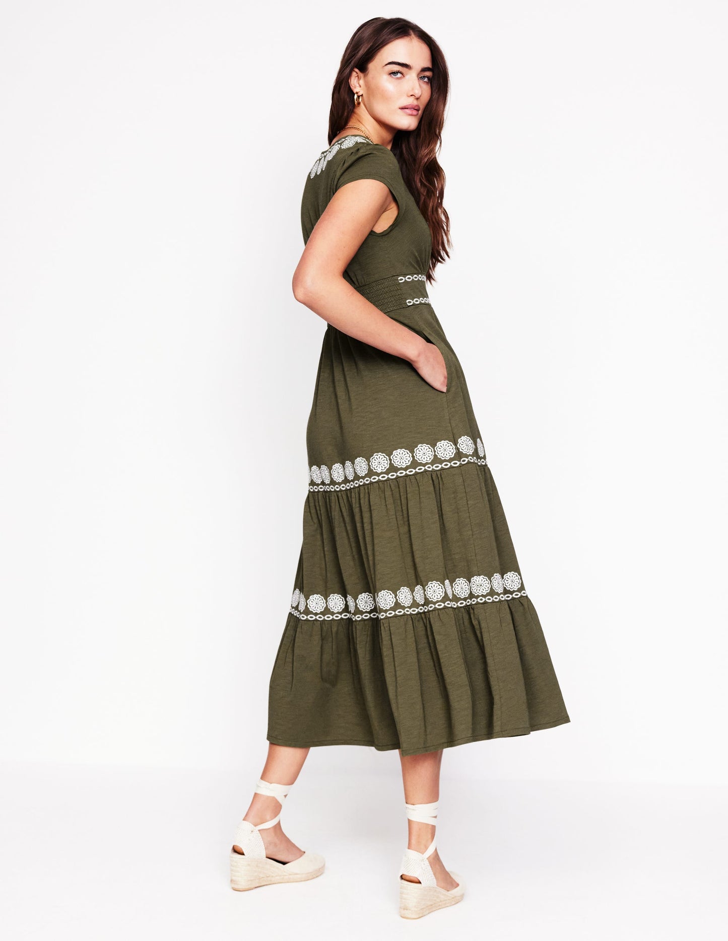 Eloise Embroidered Midi Dress-Classic Khaki