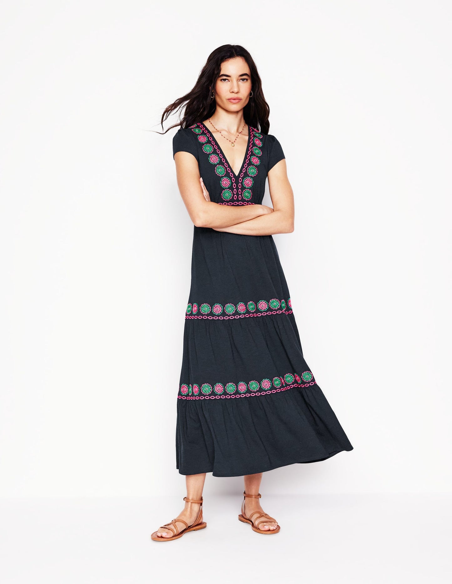 Elara Embroidered Jersey Dress-Navy