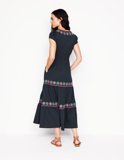 Elara Embroidered Jersey Dress-Navy