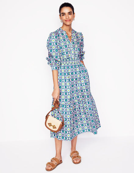 Elena Tiered Cotton Midi Dress-Multi, Floweret Tile