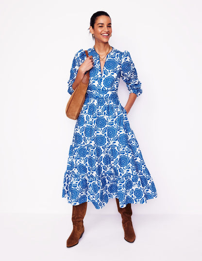 Violet Cotton Midi Dress-Gallery Blue, Dahlia Stamp