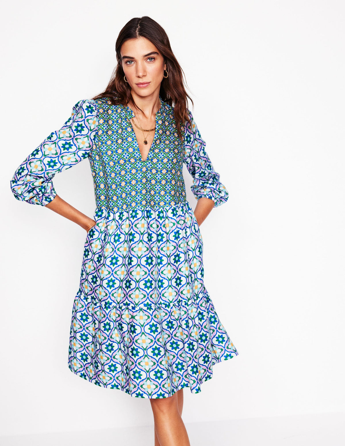 Esme Linen Mini Dress-Multi, Floweret Tile - Image 1