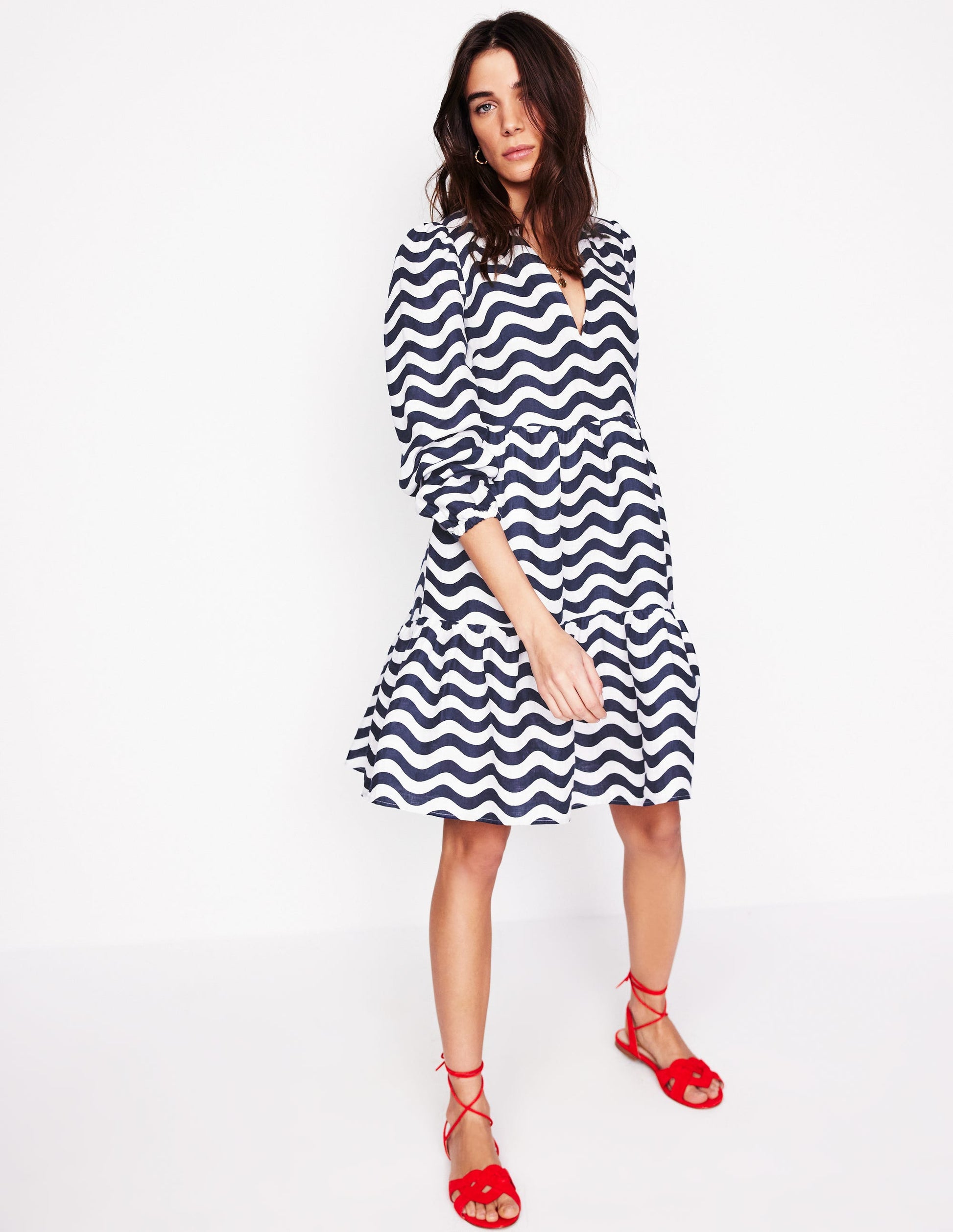 Esme Linen Mini Dress-French Navy, Mono Wave | Boden USA Esme Linen Mini Dress-French Navy, Mono Wave | Boden USA