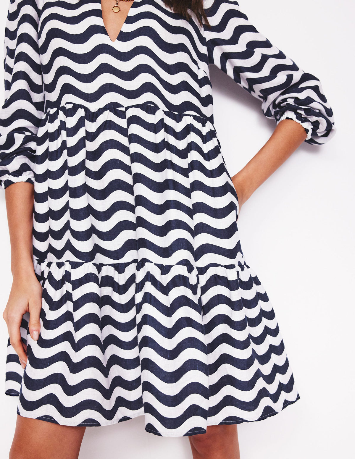 Esme Linen Mini Dress-French Navy, Mono Wave - Image 3