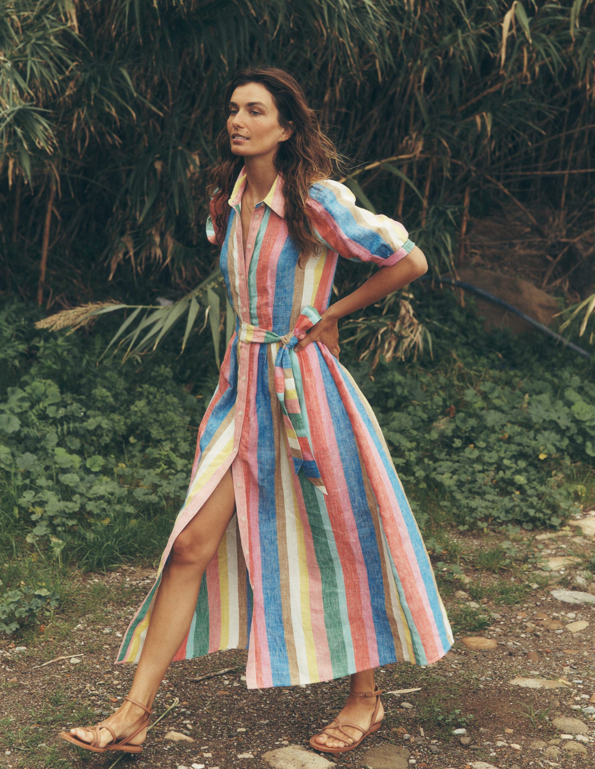 Alexa Linen Maxi Shirt Dress-Bright Rainbow Stripe Boden USA