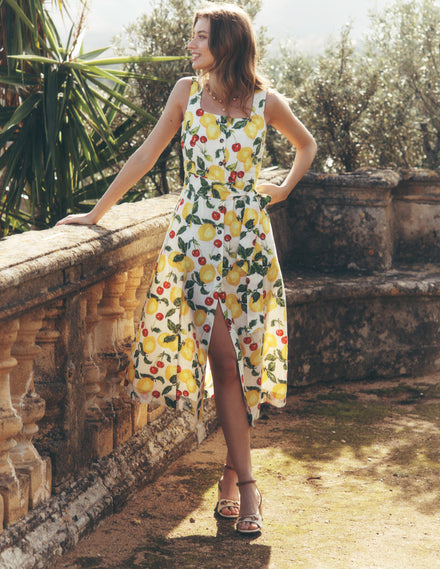 Square Neck Linen Midi Dress-Ivory, Cherries and Lemons