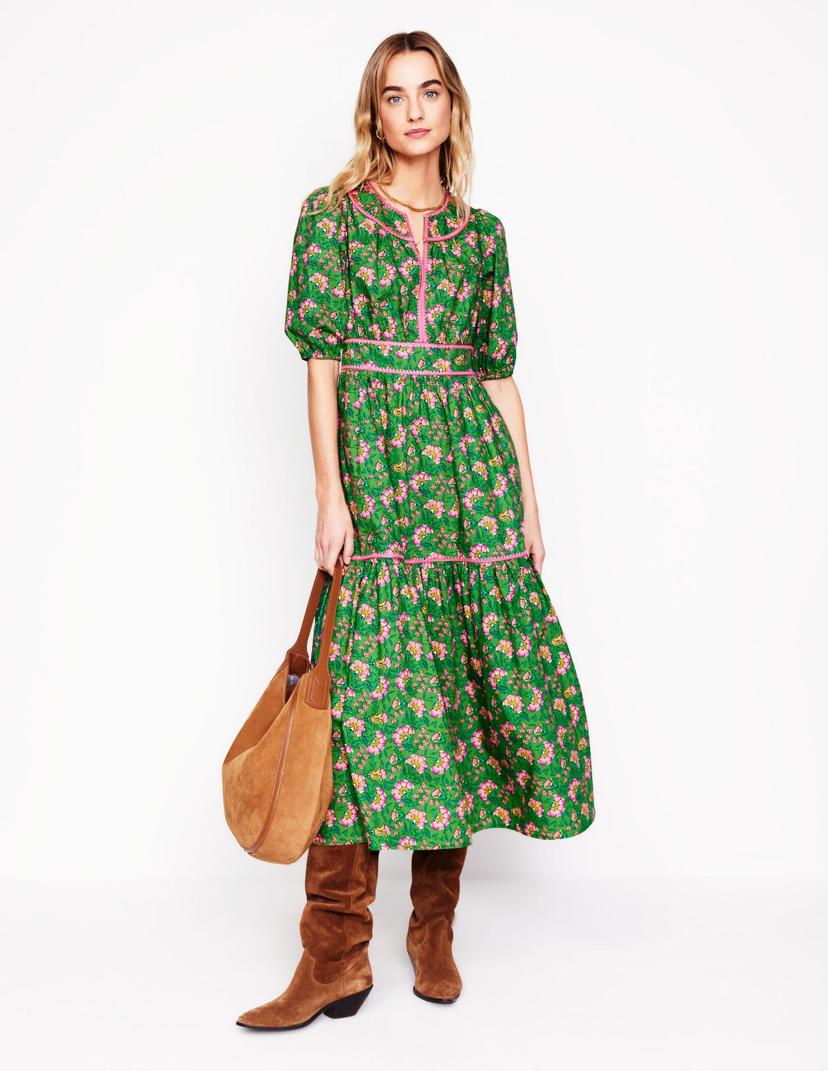 Rhea Embroidered Midi Dress-Green, Decorative Vine - Image 1