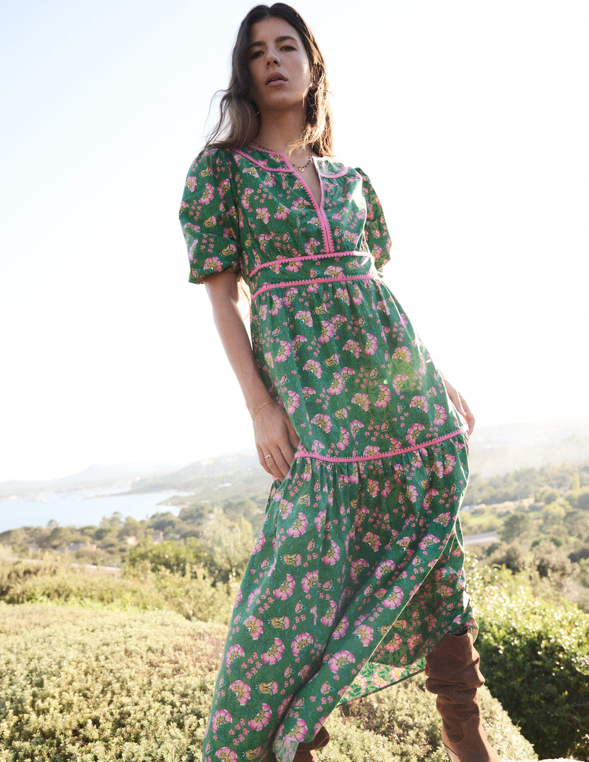 Rhea Embroidered Midi Dress-Green, Decorative Vine - Image 2