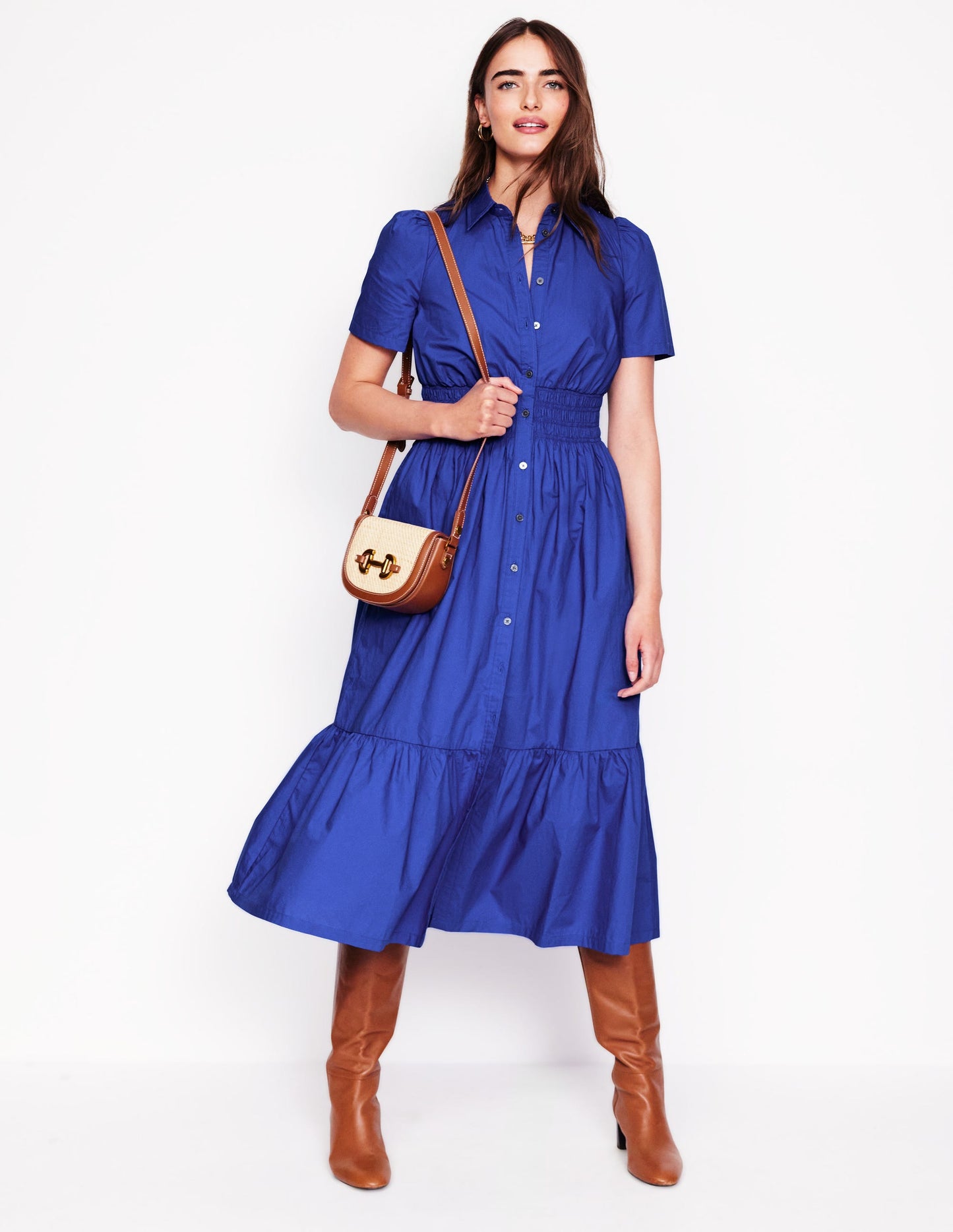 Smocked Waist Shirt Dress-Bright Blue