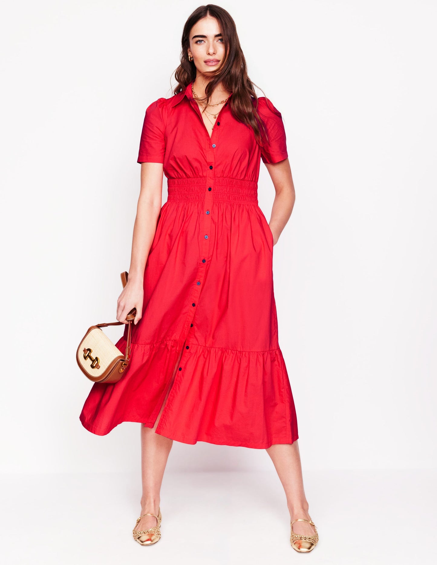 Smocked Waist Shirt Dress-Strawberry Tart Red