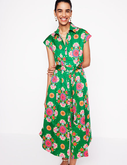 Rachel Cotton Midi Shirt Dress-Rich Emerald, Meadow Posy