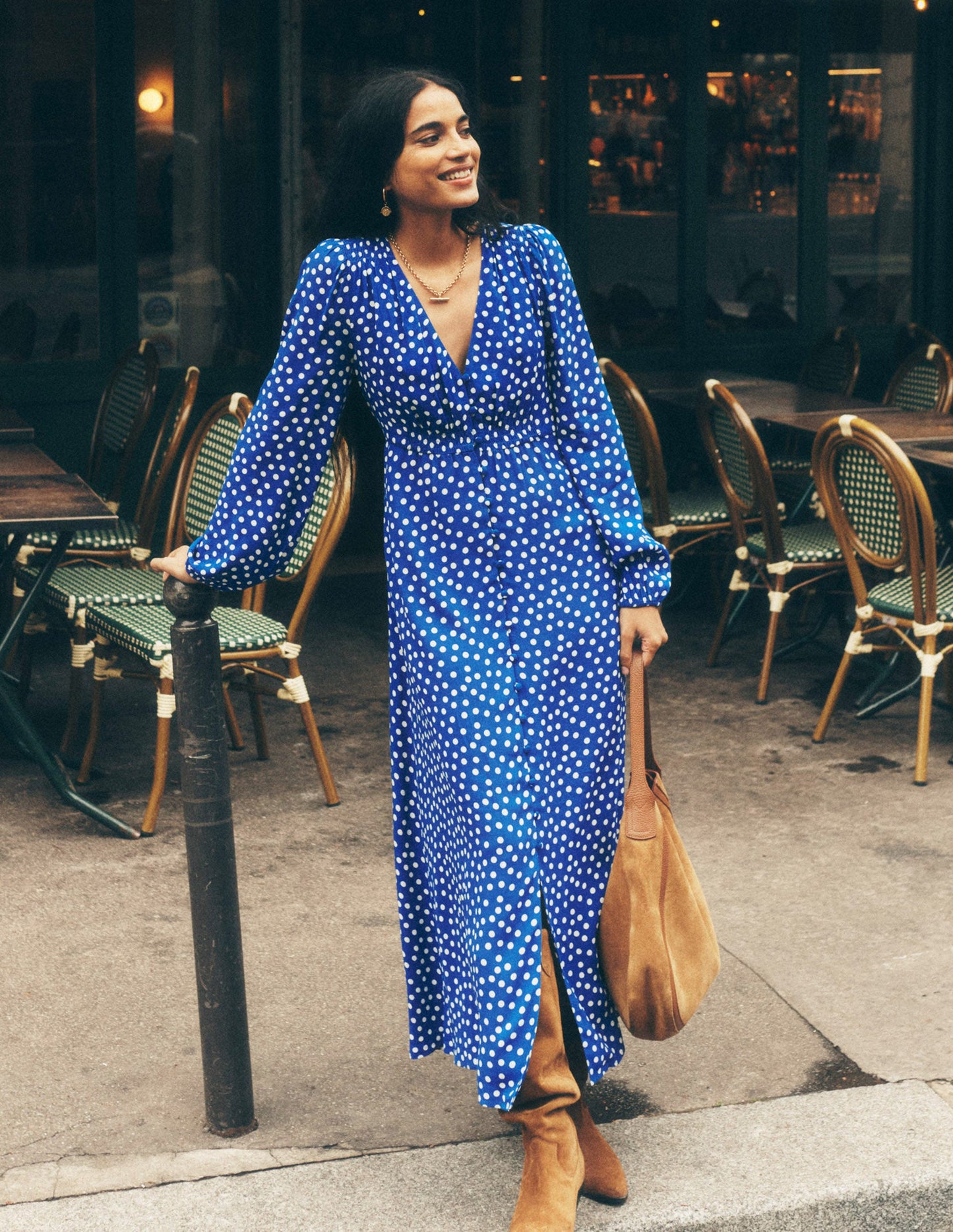 Smocked Button Tea Dress-Bright Blue, Abstract Dot