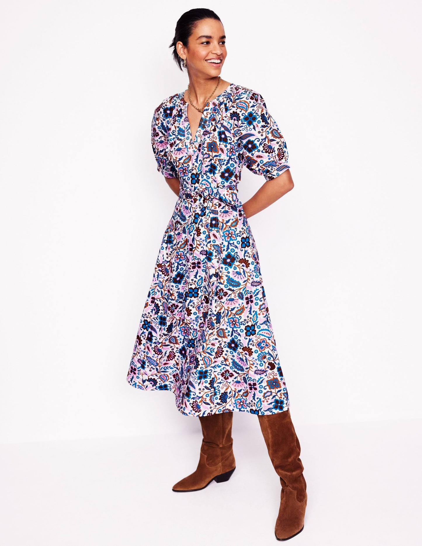 Cotton Puff Sleeve Midi Dress-Multi, Oriental Paradise